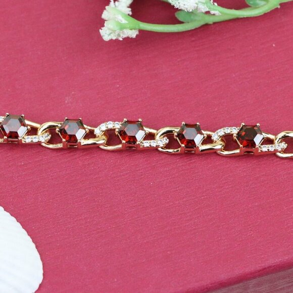 "Rose Gold Bracelet with Red Octagon Stones and CZ Link Detailing, XPBL0820 - Picture 10 of 12